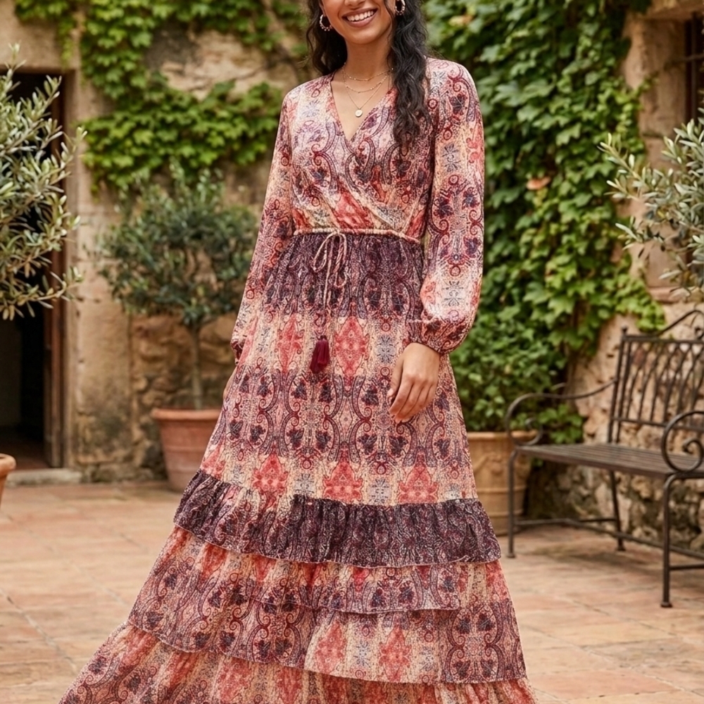 Boho Paisley Tiered Maxi Dress in Rust and Plum